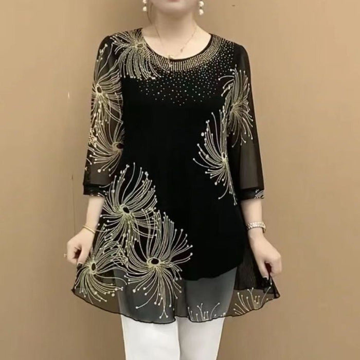Three-quarter Sleeve Mesh T-shirt High-end Shirt Middle-aged Mom Summer Round Neck Half-open Collar Hollow Out