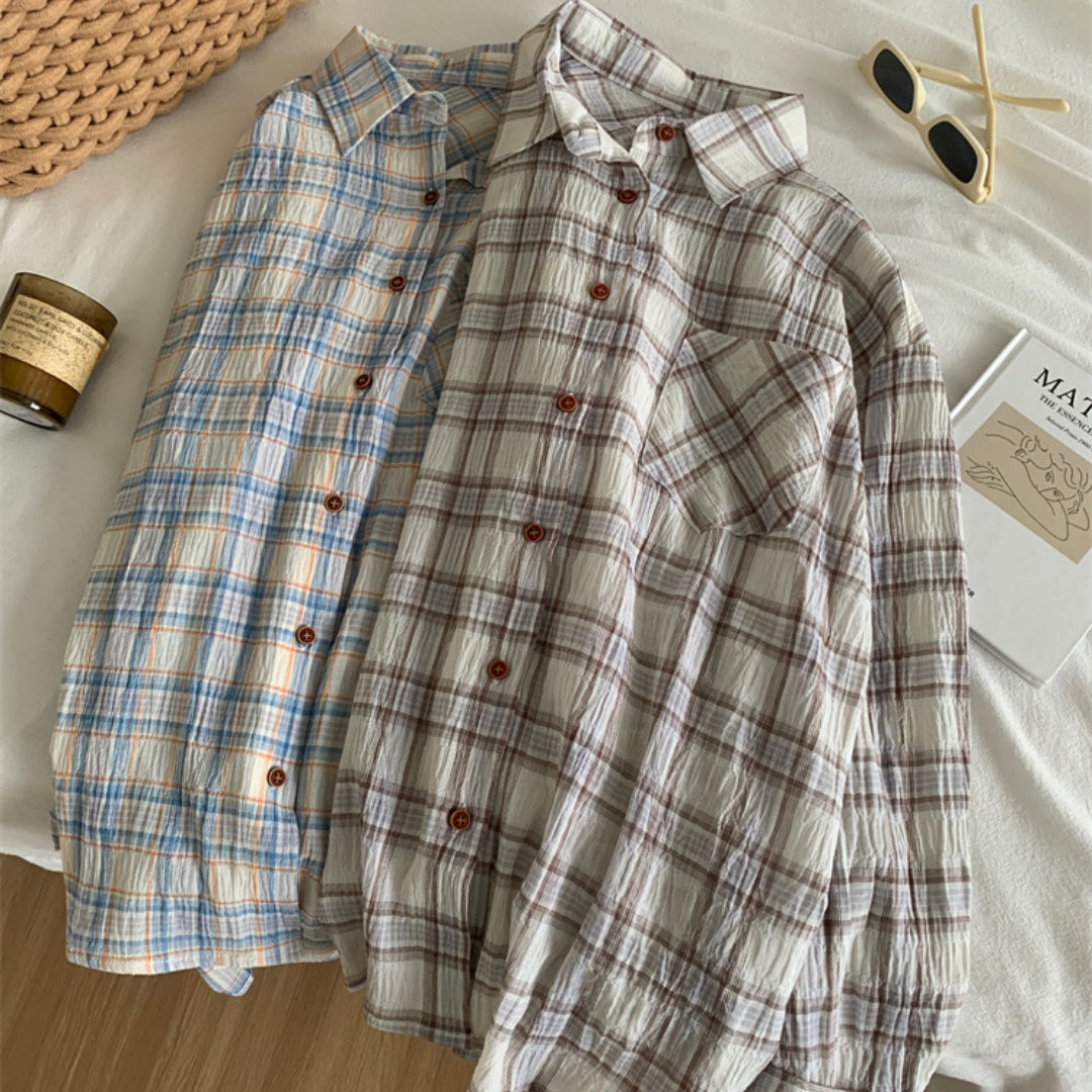 Women's Art Retro Washed Cotton Yarn Checkered Shirt