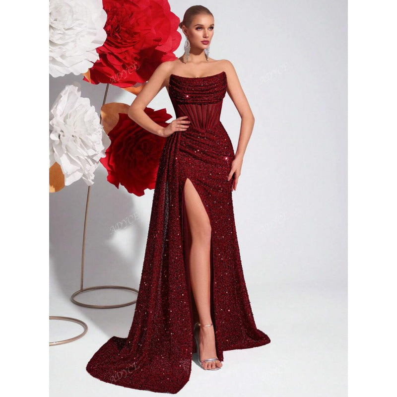Womens Off-the-Shoulder Hollowed-Out Fishbone Pleated Dress