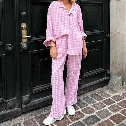 Autumn And Winter New Style Pink Plaid Loose Leisure Suit