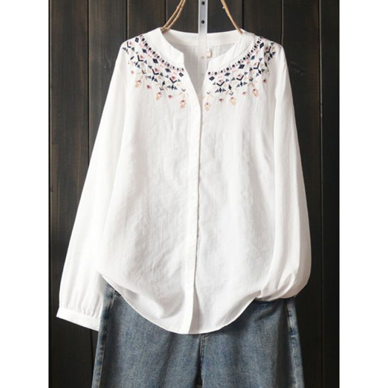 Womens Loose Versatile White Long-Sleeve Embroidered Shirt
