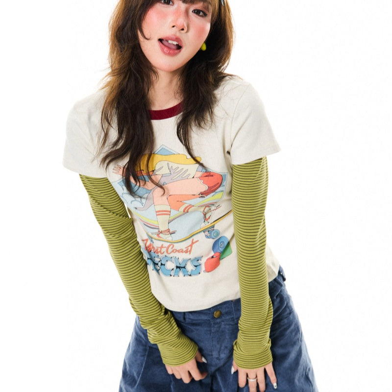 Cartoon-print Faux Two-piece Long-sleeve Top