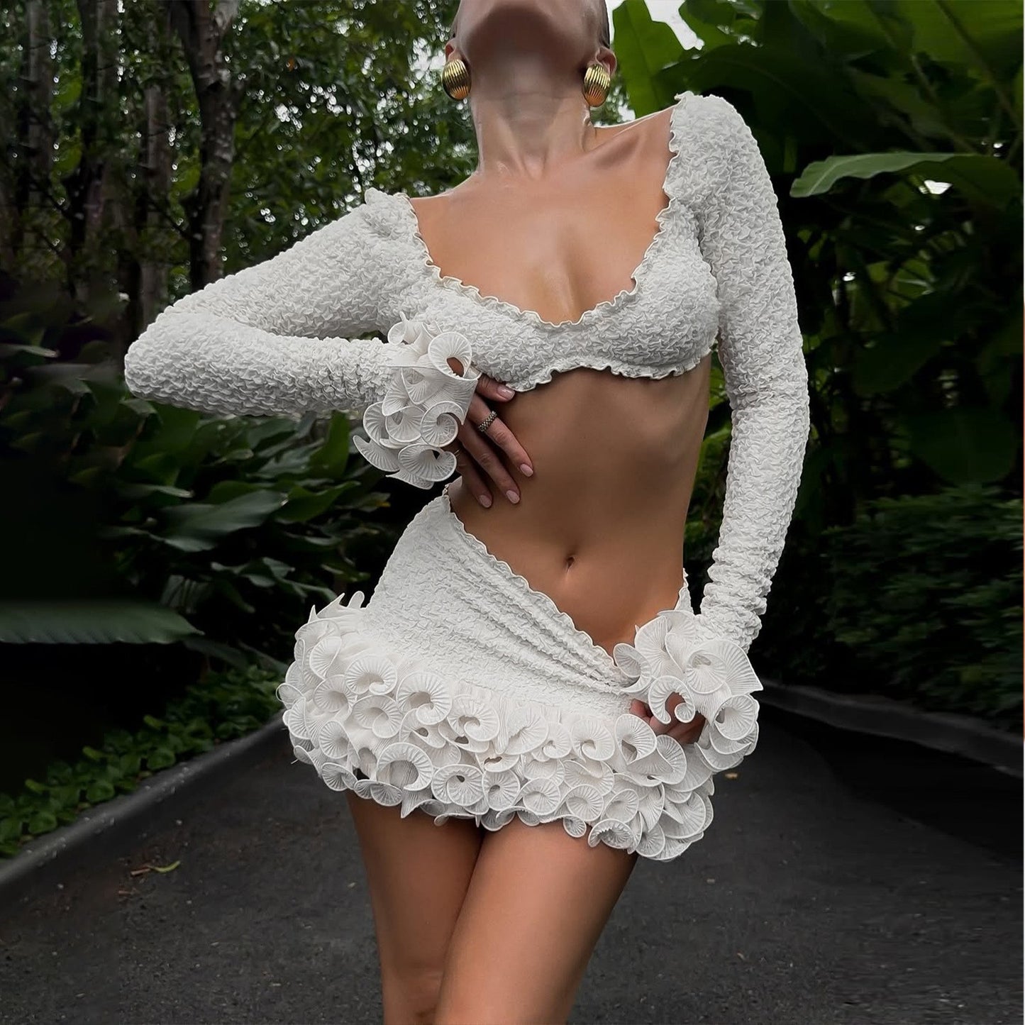 European And American Fashion Women's Wear Long Sleeve Short Top Ruffled Half-length Skirt Outfit