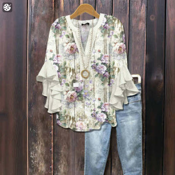 Women's Creative Printing Casual V-neck Lotus Sleeve T-shirt
