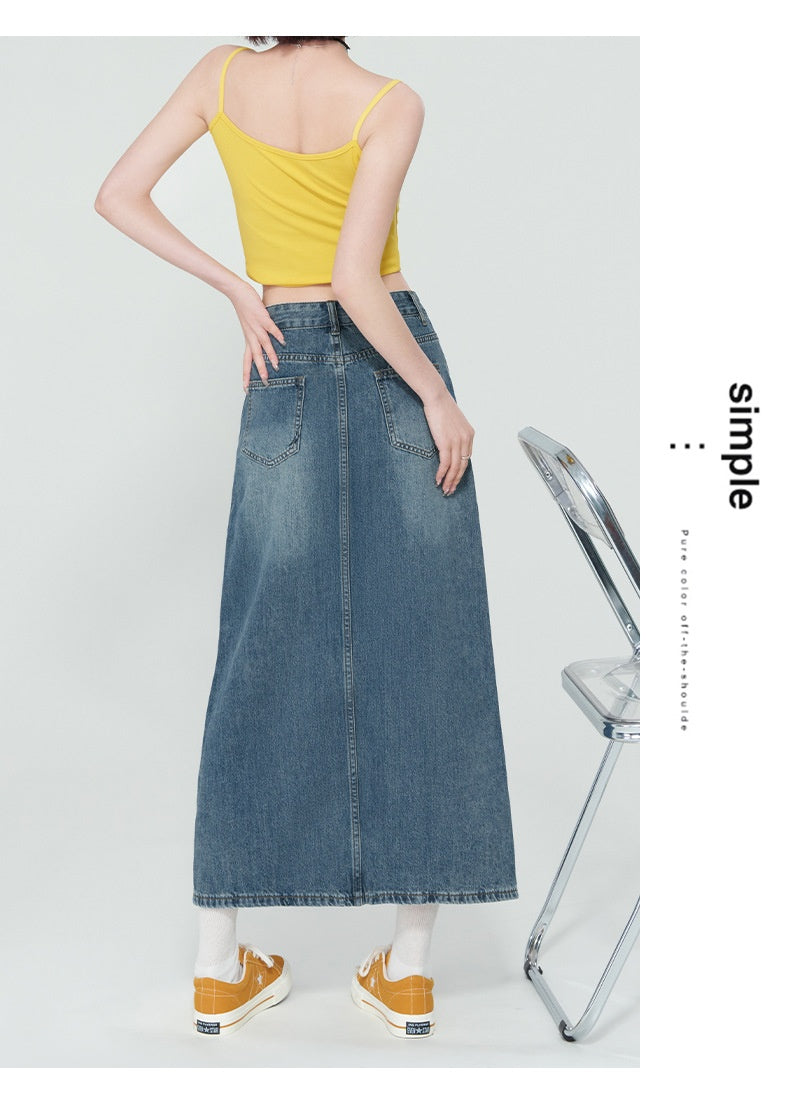 New High Waist Front Patch Pocket Denim Women's Bag Hip Skirt