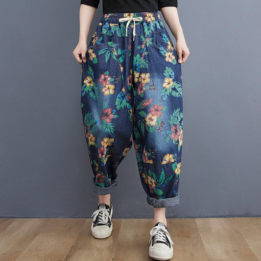 Dame efterår retro-print casual washed jeans harembukser