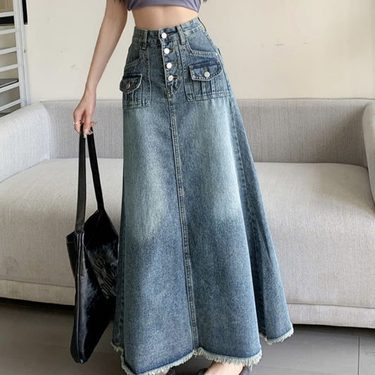High-End Designer-Look A-Line Flowy Tummy-Control Denim Skirt