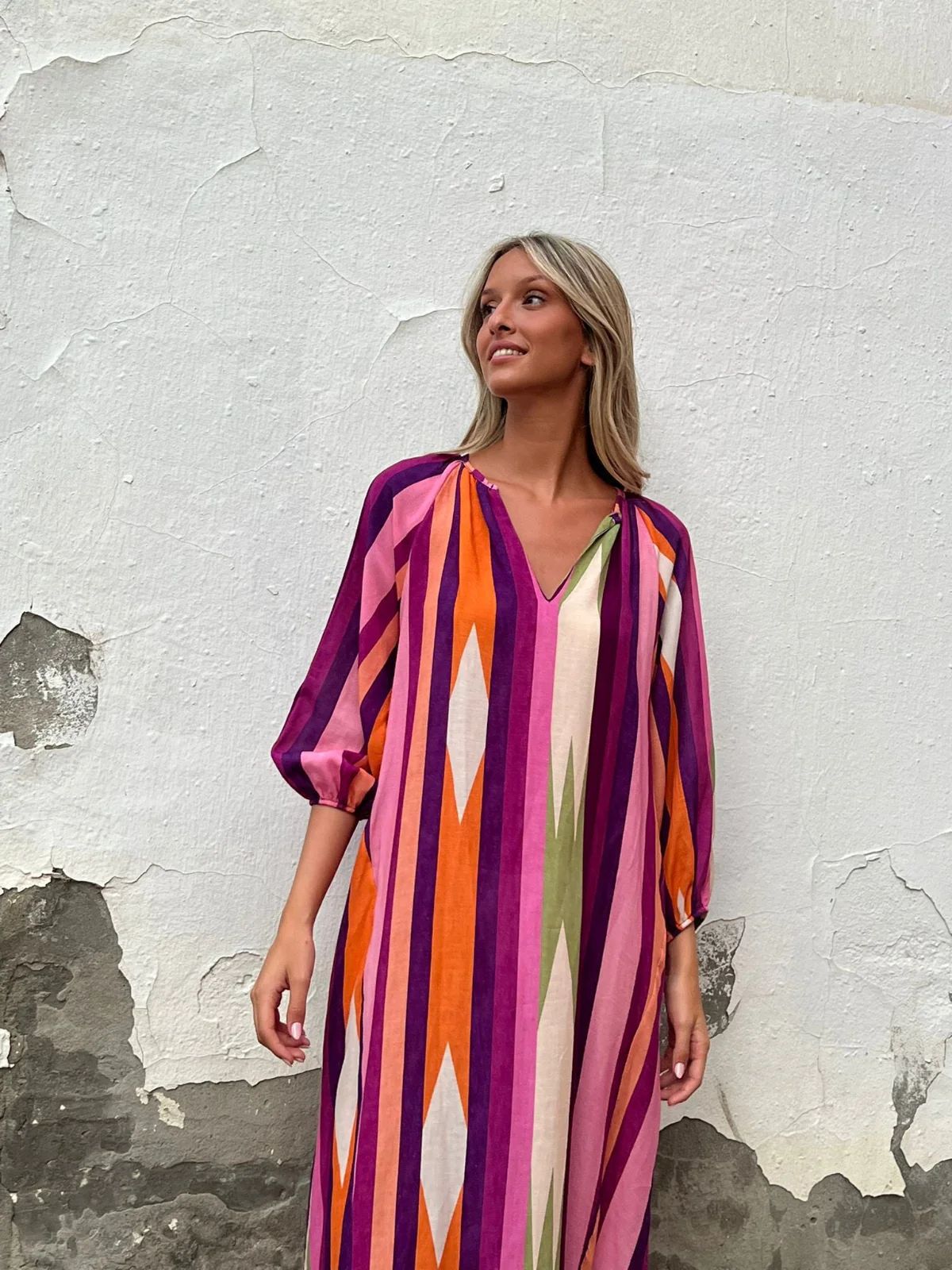 Fashionable Printed Cropped Sleeve Loose Dress