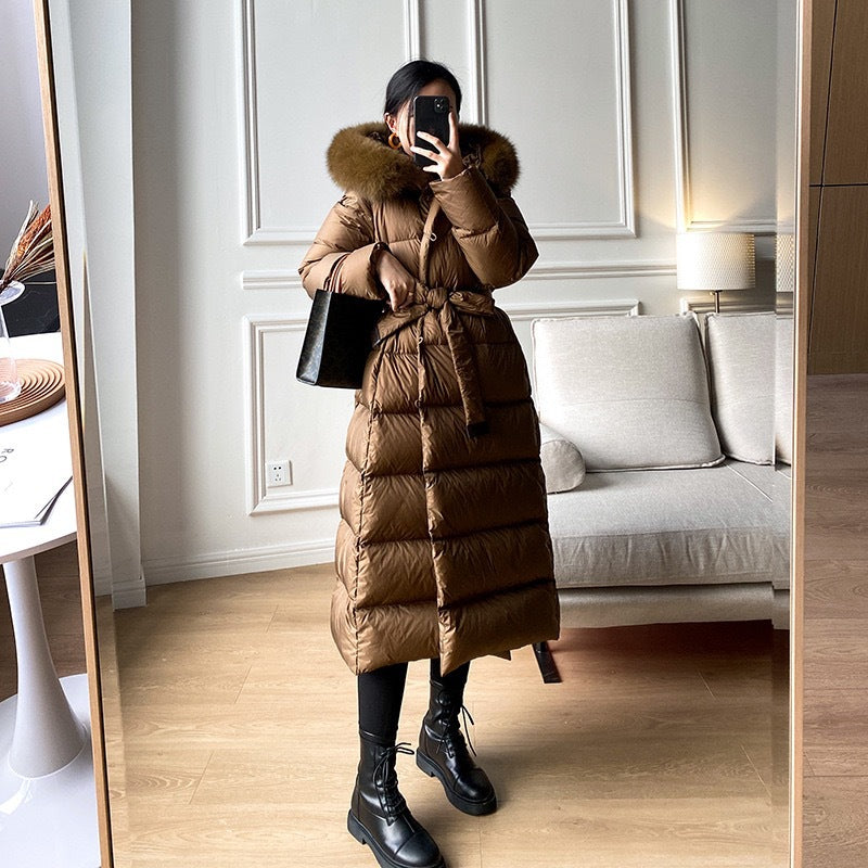 Korean Version Waist Trimming Below The Knees Fox Fur Collar Temperament Coat