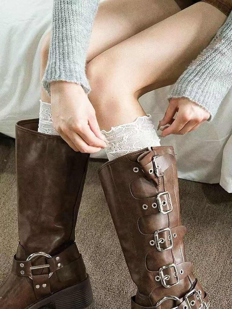 Women's Over The Knee Lace Boots Half Pure Black And White Calf Women's Socks