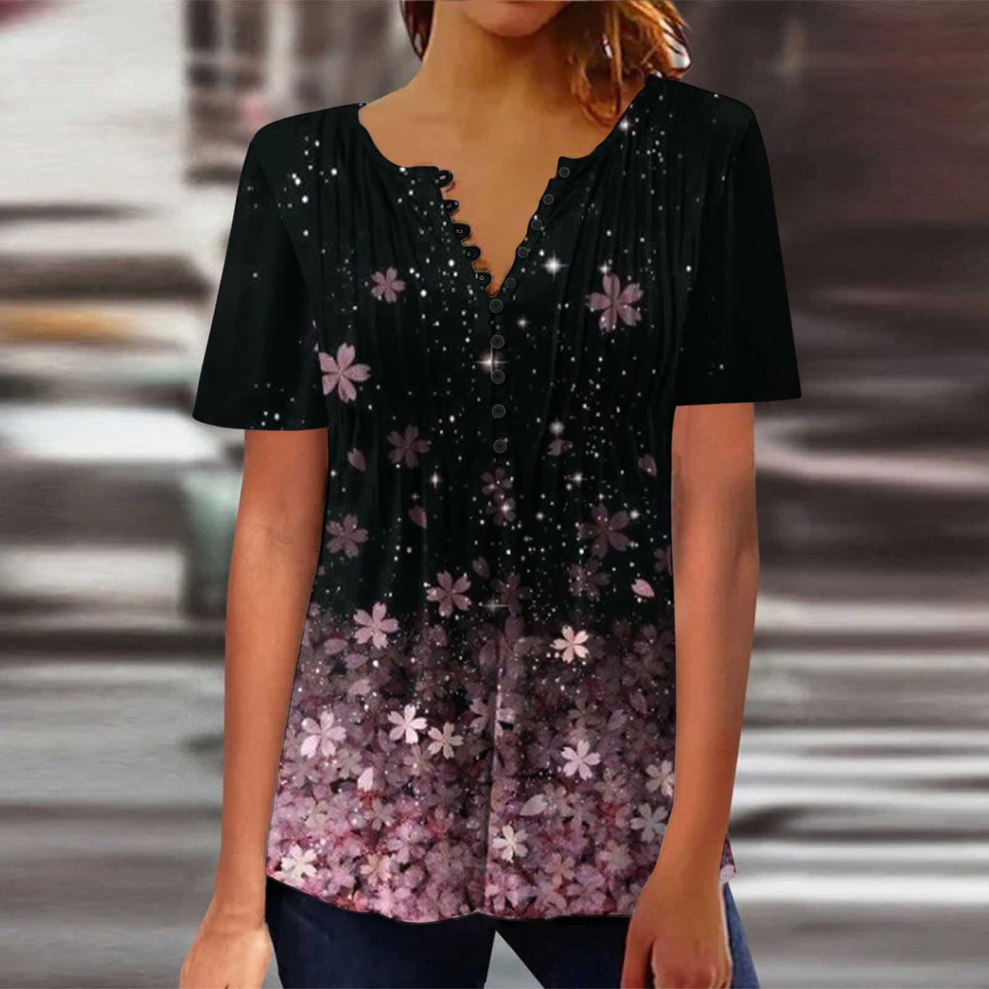 Women's Digital 3D Printed Pleated Round Neck T-shirt