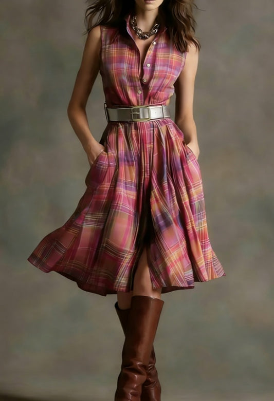 Plaid Collared Sleeveless Fitted Waist Dress