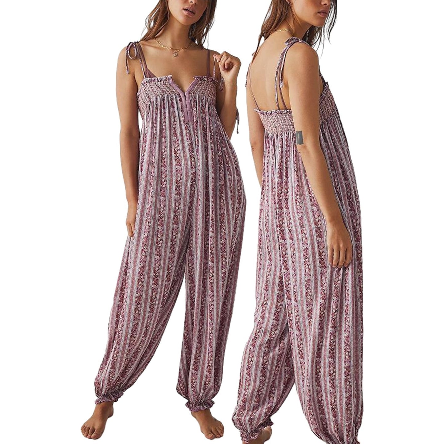 Womens Printed Loose-Fit Figure-Flattering Jumpsuit Pants