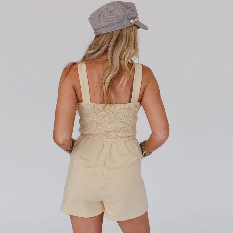 Smocking Sling Solid Color Simple And Short Straight Jumpsuit