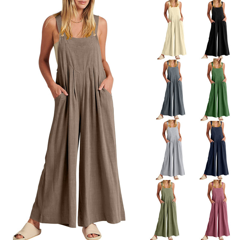 Women's Solid Color Loose Casual Cotton And Linen Suspender Jumpsuit