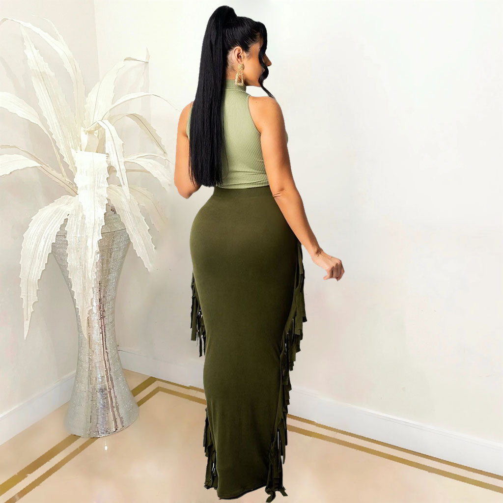 High Quality Brushed Fabric Solid Color Tassel Skirt On Both Sides
