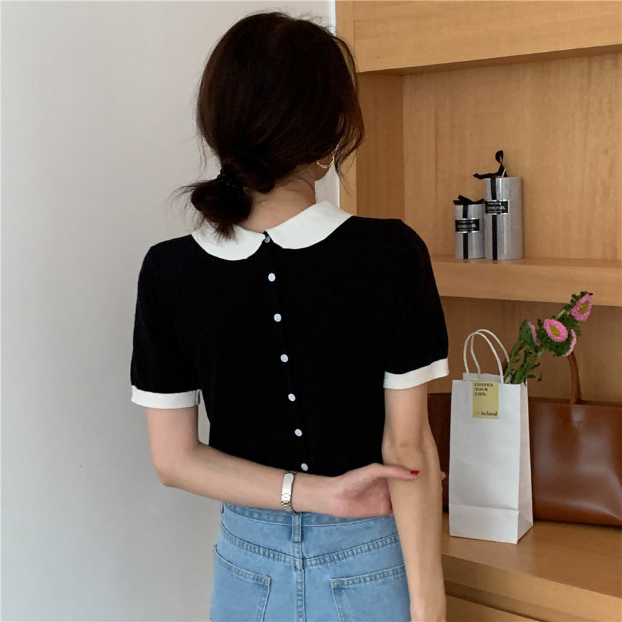 One Row Color Block Doll Collar Short Sleeve
