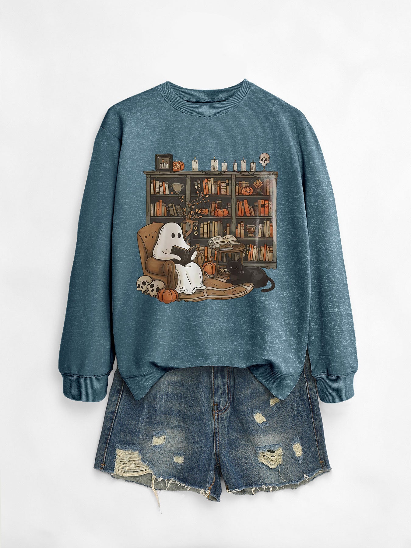 Printed Bookshelf Ghost Black Cat Round Neck Sweater