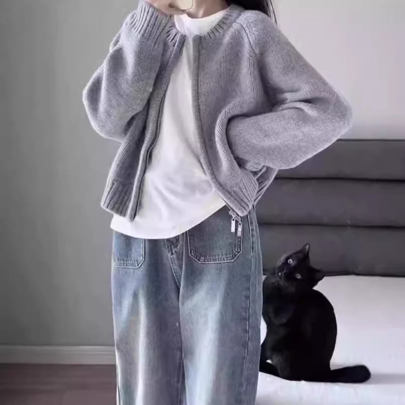Loose Thickened Zipper Cardigan Long-sleeved Knitted Top