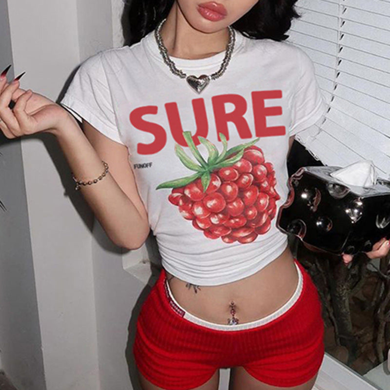 Women's Sweet And Spicy Retro Strawberry Printed Crew Neck Top T-shirt