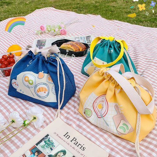Frokosttaske i lærred med snøre – japansk stil, kreativ, stor kapacitet
