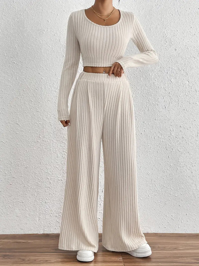 Solid Color Rib Knitted Trousers Mid-waisted Figure Flattering Women's Casual Suits