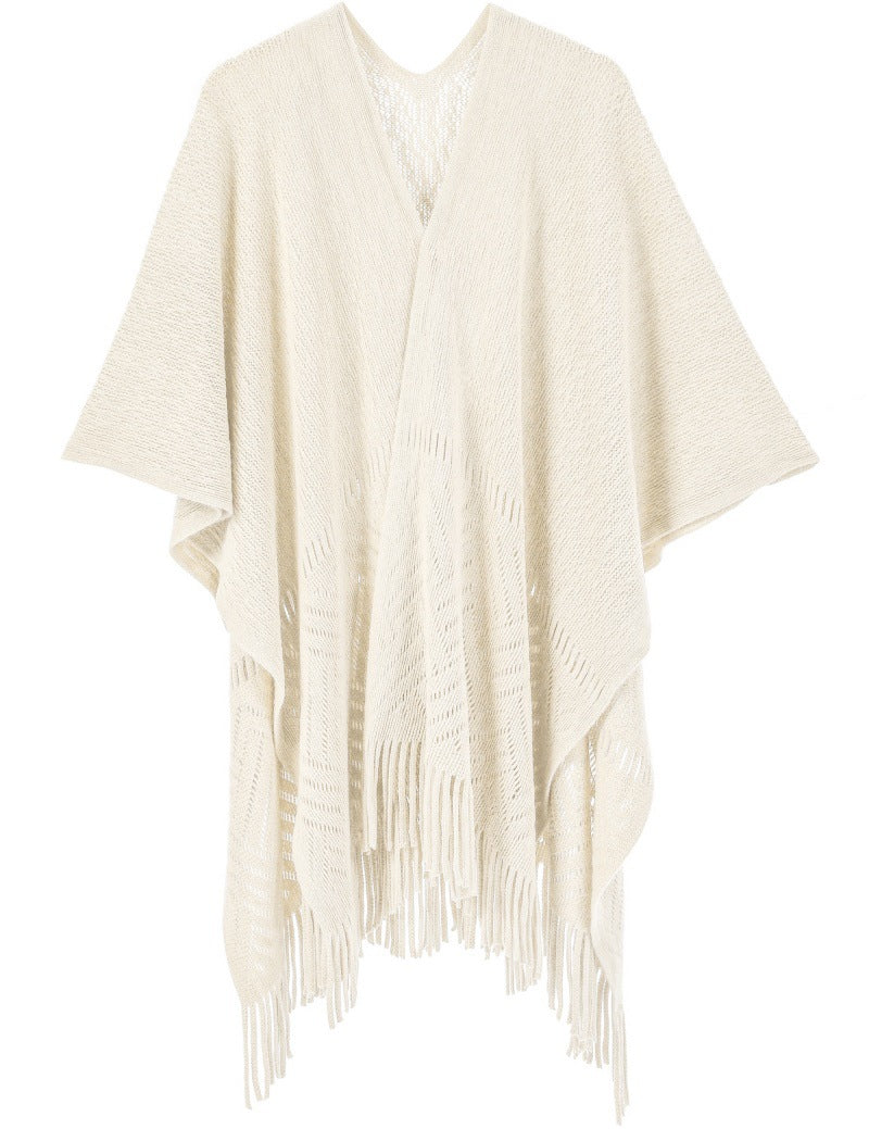 Warp Knitted Solid Color Tassel Thin Hollow Shawl