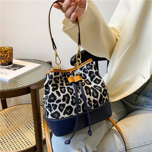 Leopard Handheld Bucket Bag With Drawstring Buckle