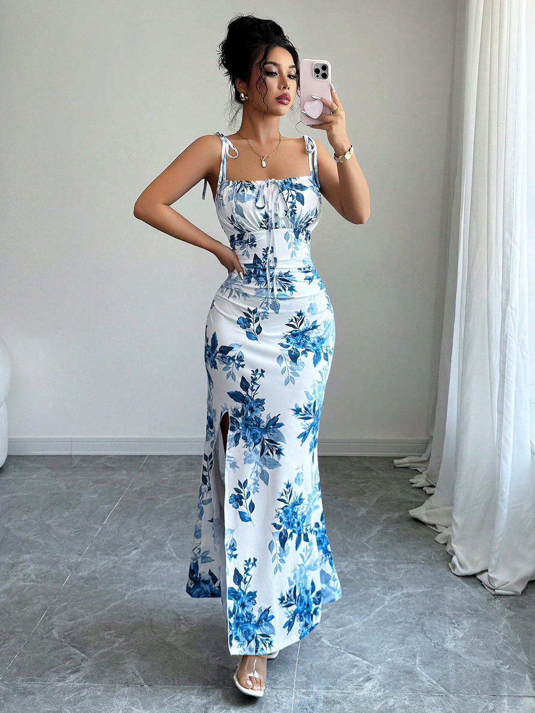 Printed Slip Dress, High-waisted Floral Maxi Dress