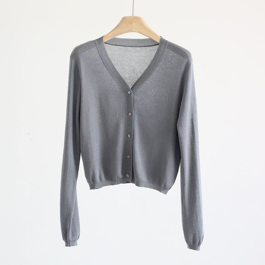 Spring And Summer V-neck Short Tencel Knitted Cardigan Pure Color All-matching