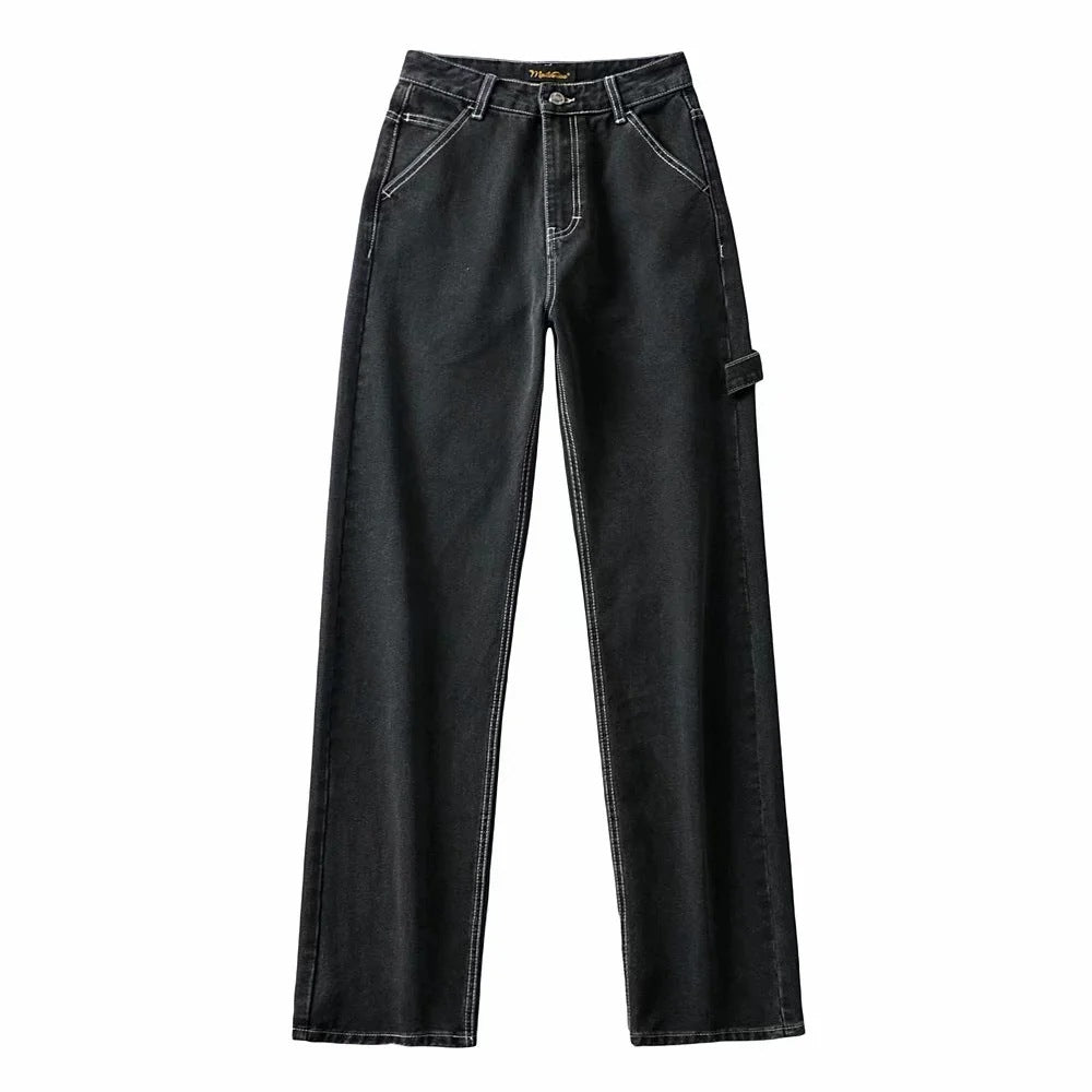 High Waist Slim Wide Leg Jeans Retro Tooling Fashion Stitching Long