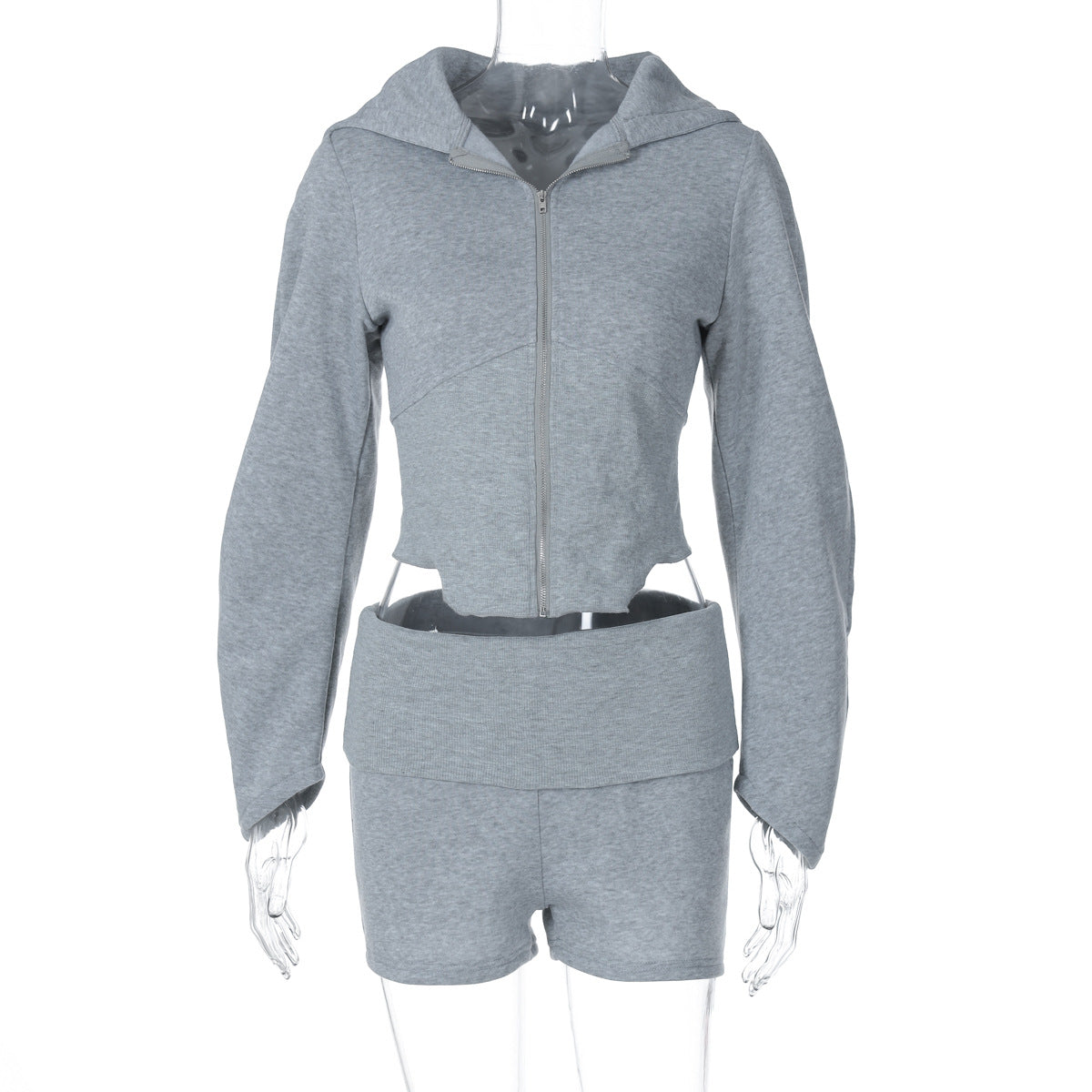 Zipper Long Sleeve Hooded Cardigan Coat Top Shorts Two-piece Set