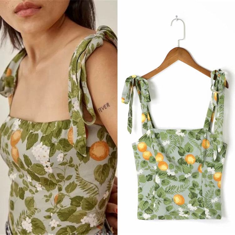 French Vintage Sweet Print Camisole Slim Fit Cropped Tank Top