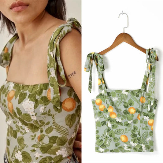 French Vintage Sweet Print Camisole Slim Fit Cropped Tank Top