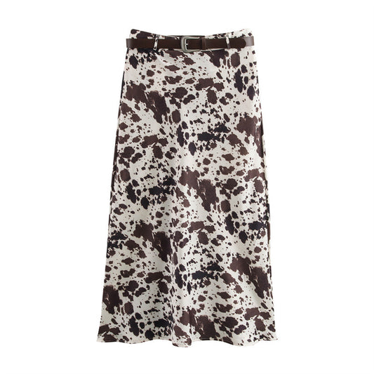 European And American Style Women's Fashionable Temperament With Belt Silk Satin Texture Skirt