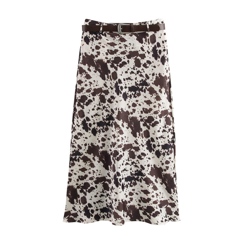 European And American Style Women's Fashionable Temperament With Belt Silk Satin Texture Skirt