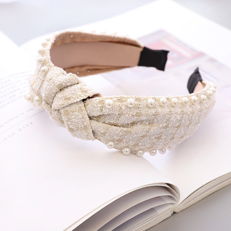 Pearl Headband Classic Ethnic Plaid Fabric