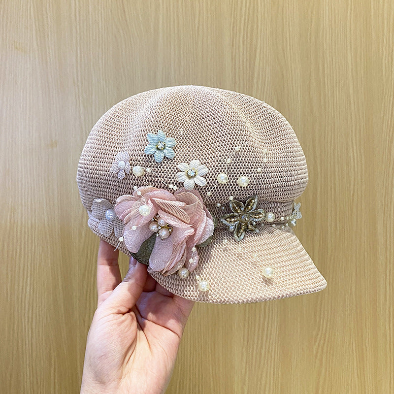 Women's Knitted Face Covering Breathable Pearl Flower Beret