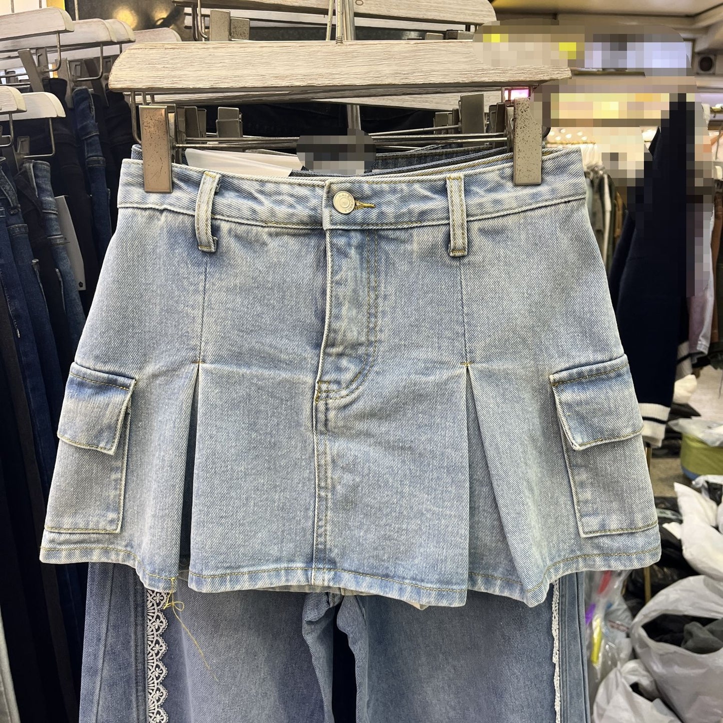 Hong Kong Style Retro A- Line Denim Skirt High Waist Pleated