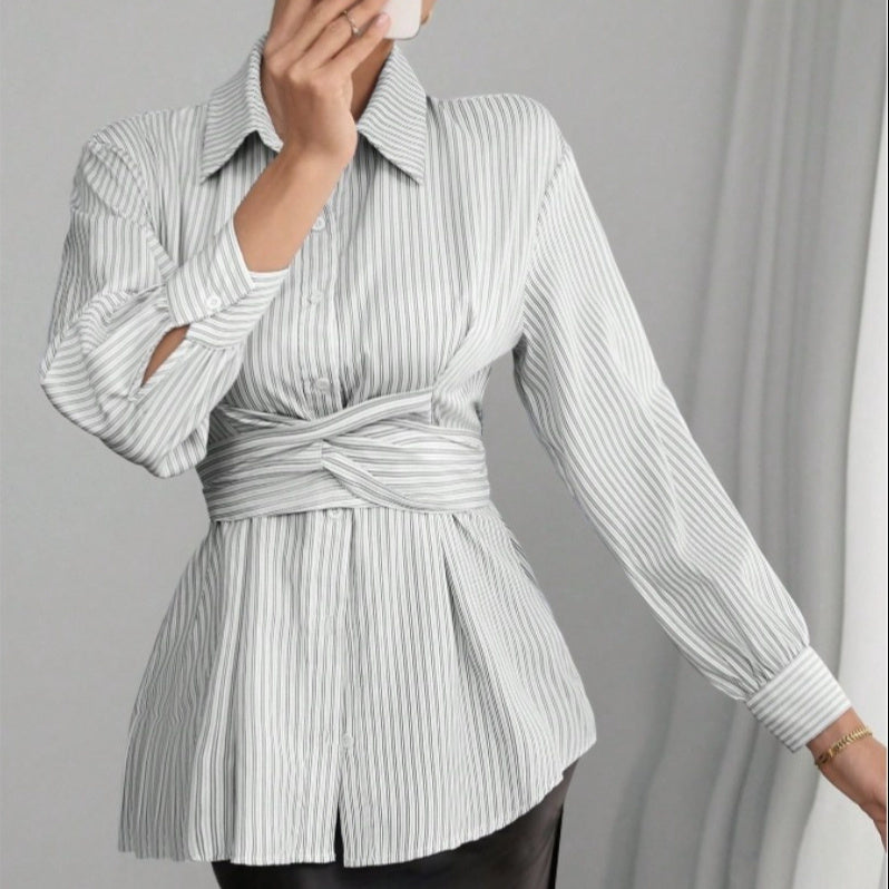 Womens Fashion Irregular-Waist Belt Long-Sleeve Shirt