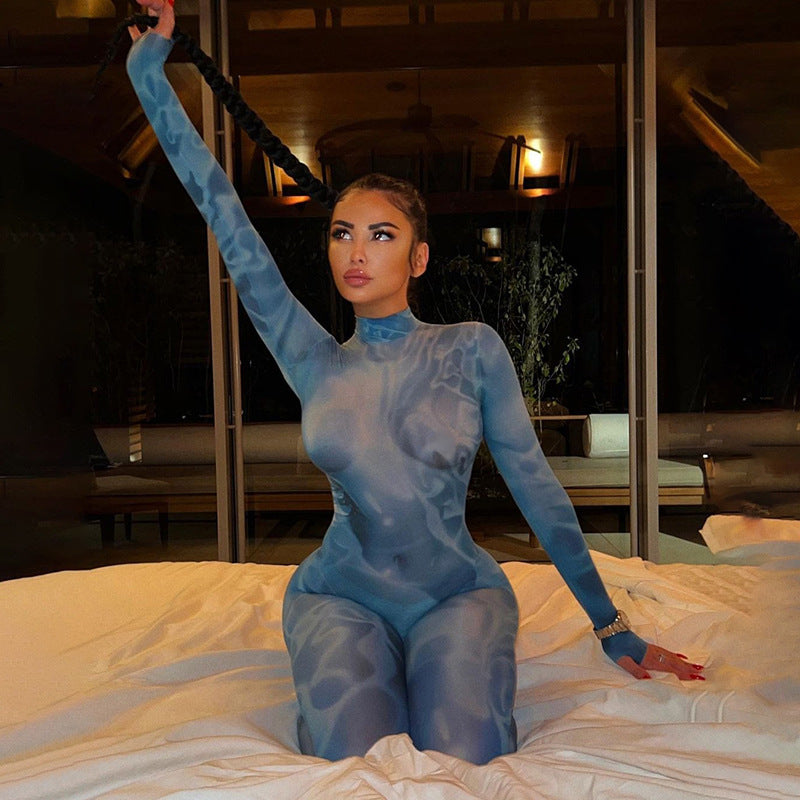Kvinders mode 3D-print stramtsiddende bodysuit med høj talje og slim pasform