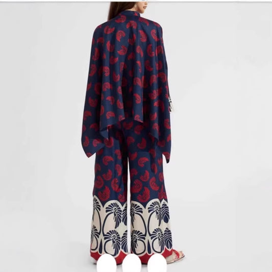 Printed Patchwork Peplum Shirt And Wide-Leg Pants Set