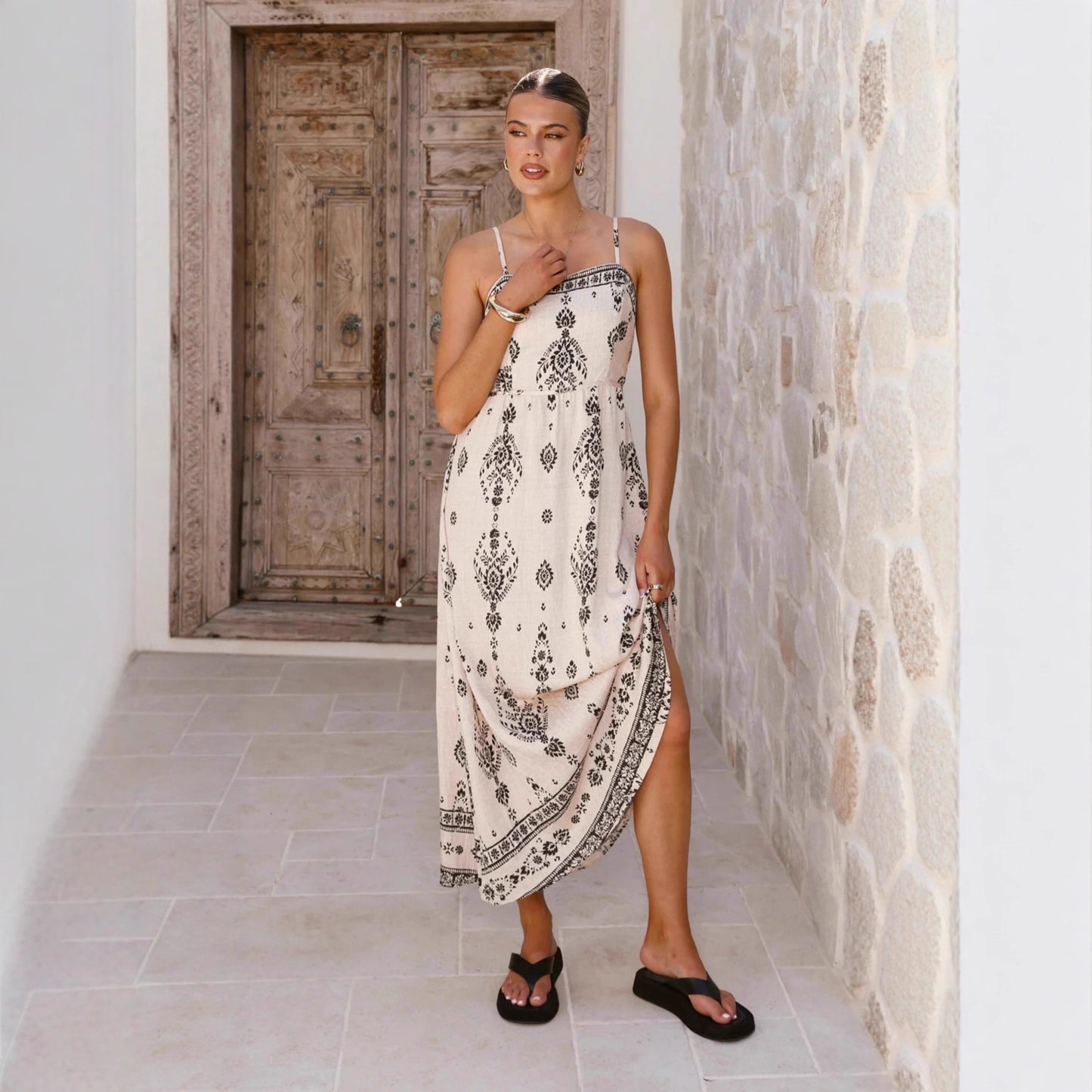 Fashionable Printed Casual Linen Sundress Skirt