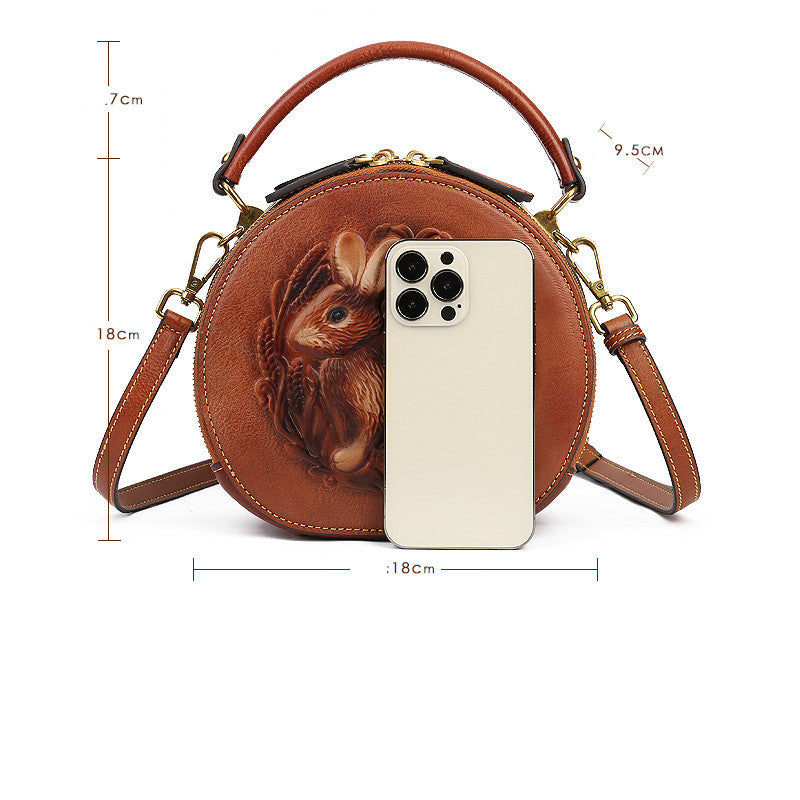 Etnisk stil Lille rund taske Toplæder Enkel skulder Crossbody
