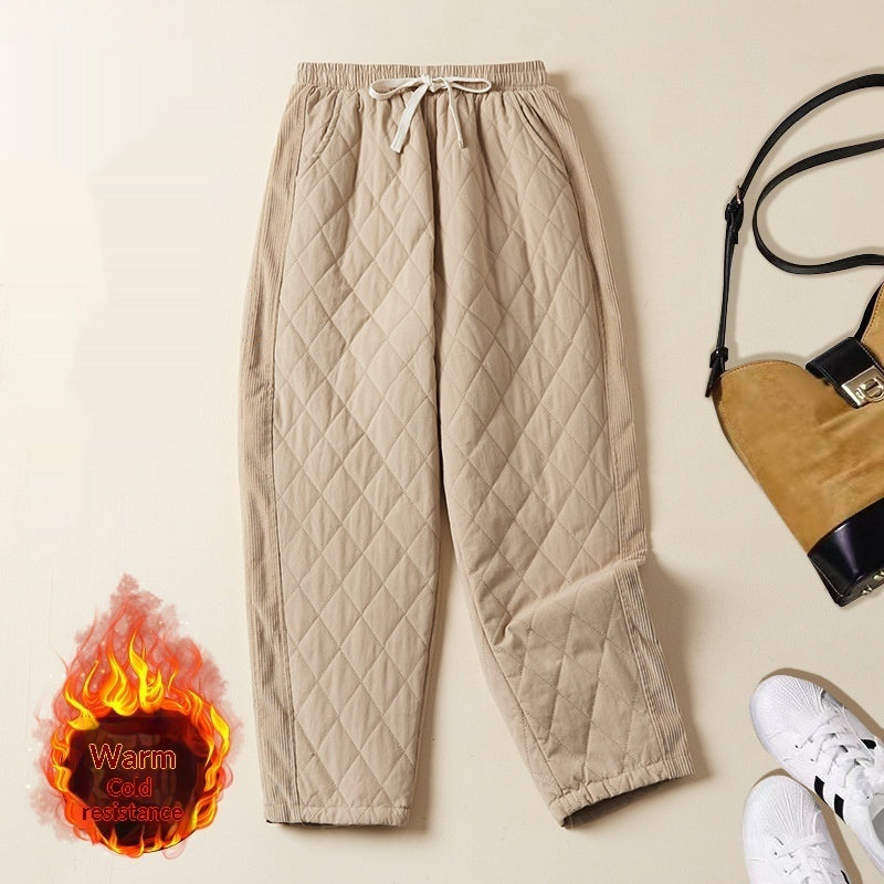 Womens Retro Diamond-Quilted Elastic-Waist Thermal Pants