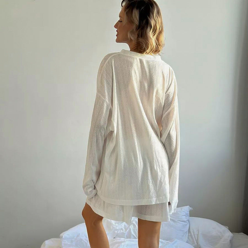White Loose-fitting Breathable Stretchy Knitted Pajama Set