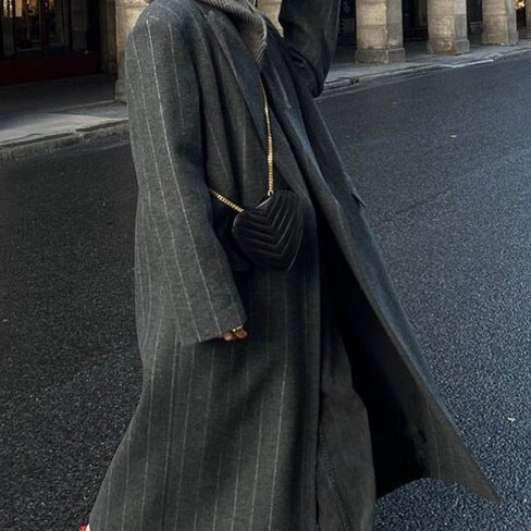 Lapel Long Sleeve Long Overcoat Outerwear Temperament Commute Stripes
