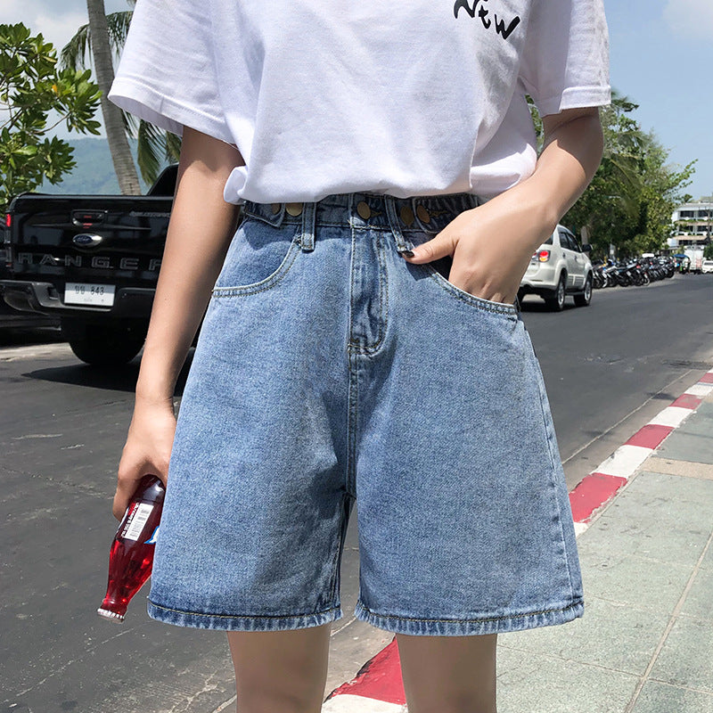 Five-point Rolled-up Wide-leg High-waisted Denim Shorts