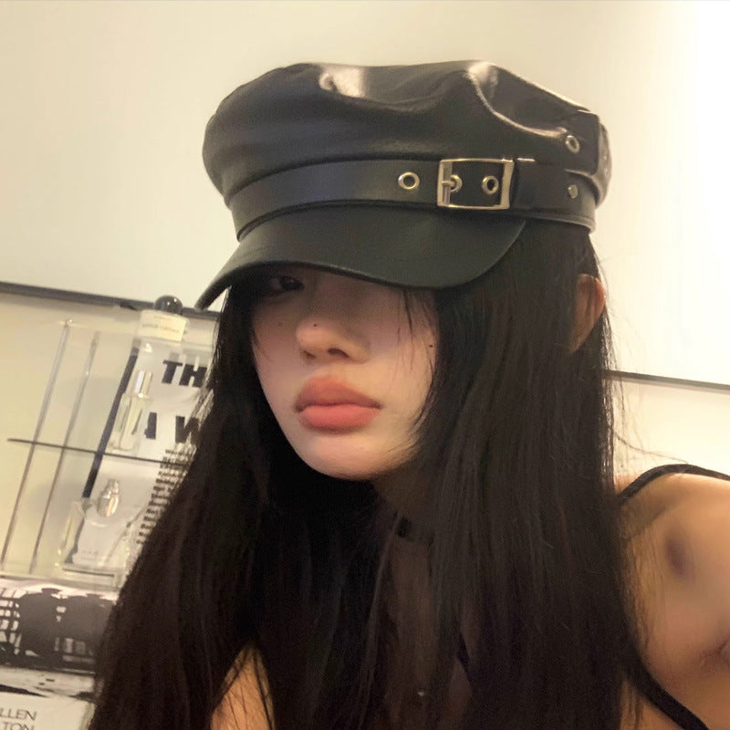 Girly-style Niche Leather-buckle Beret For Women Leather Octagonal Cap