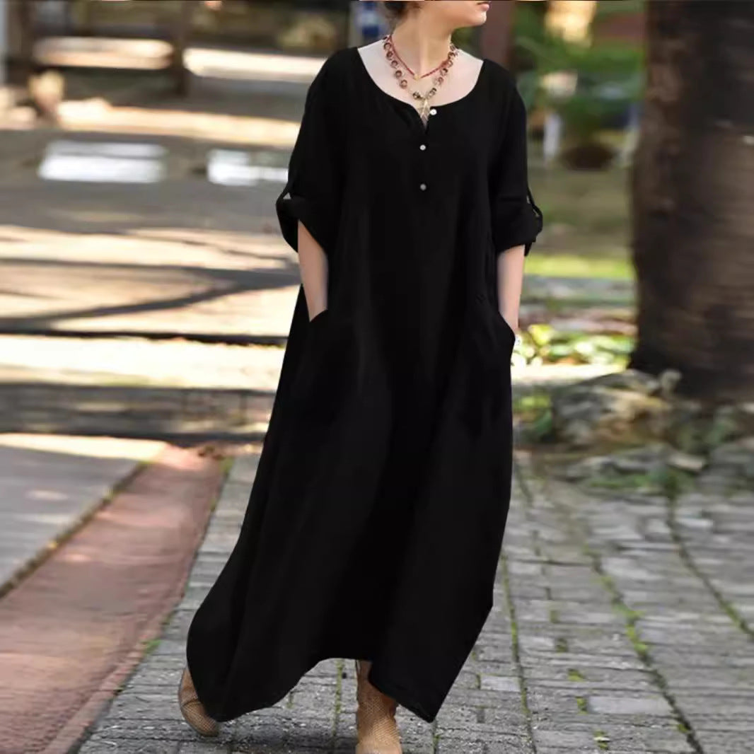 Women's Casual Cotton-Linen Loose Fit Swing Dress